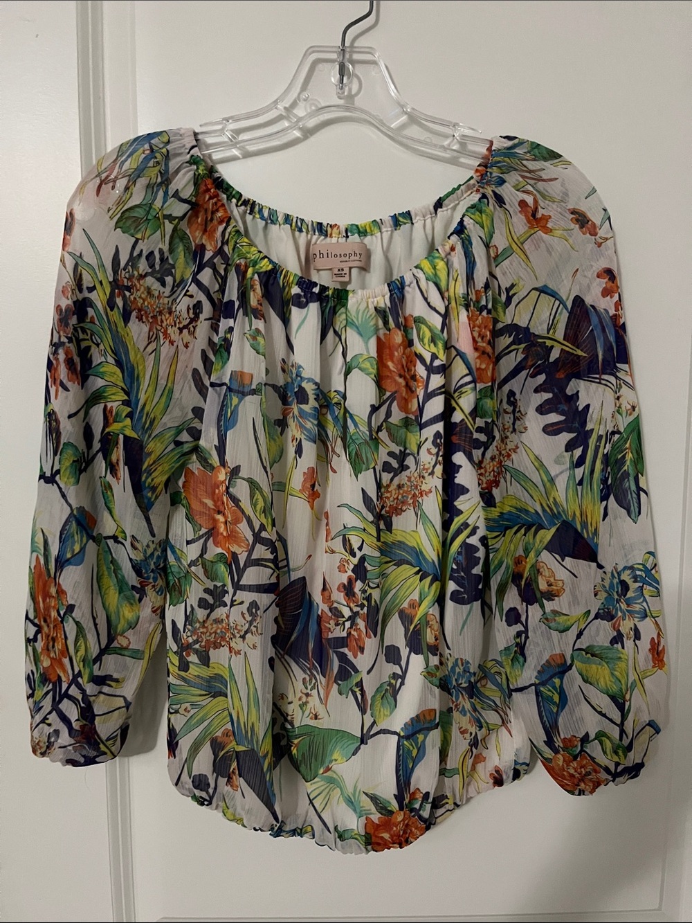 Philosophy Tropical Floral Peasant Blouse - White with Green, Blue, Orange Print